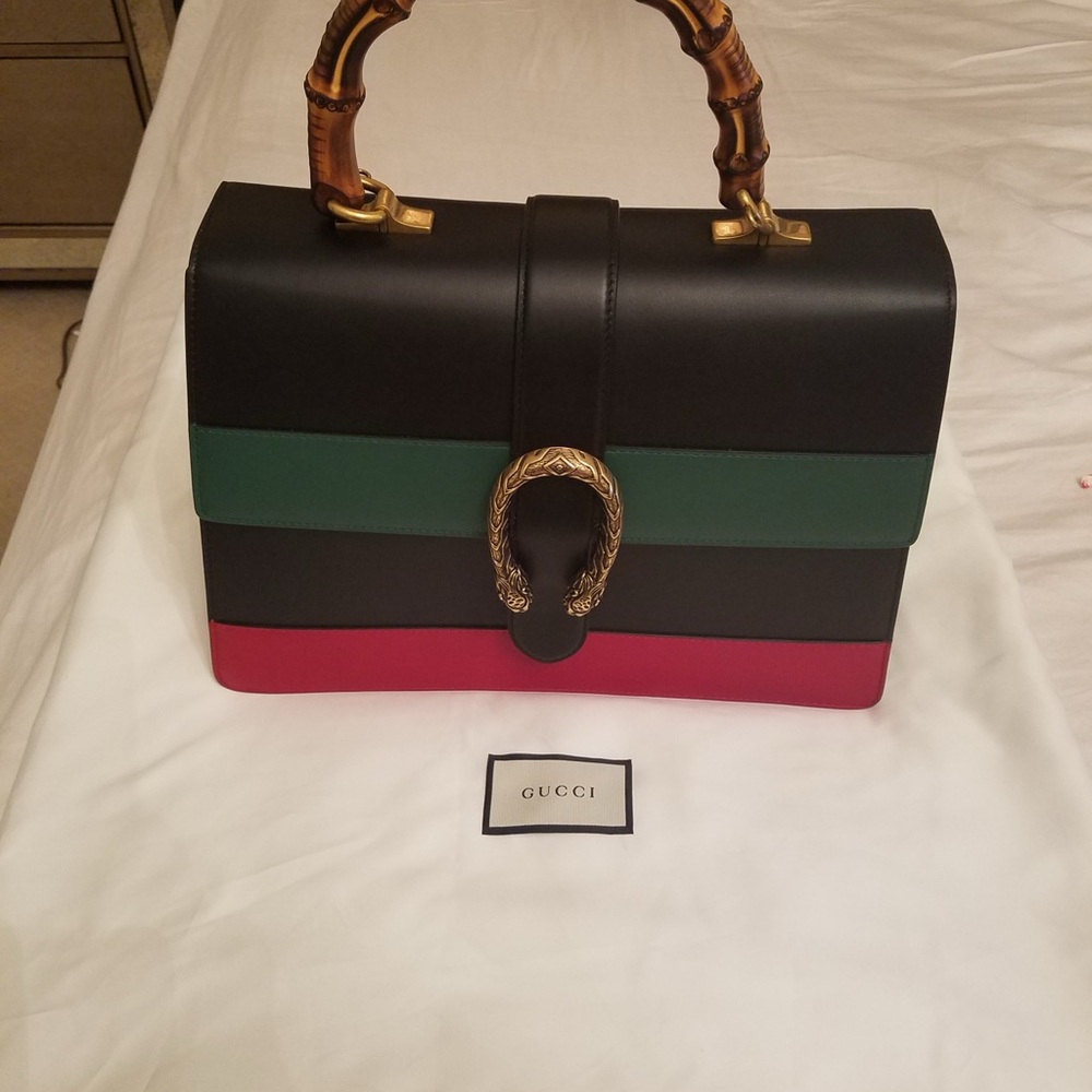 Gucci Black and Green Satchel with Bamboo Handle